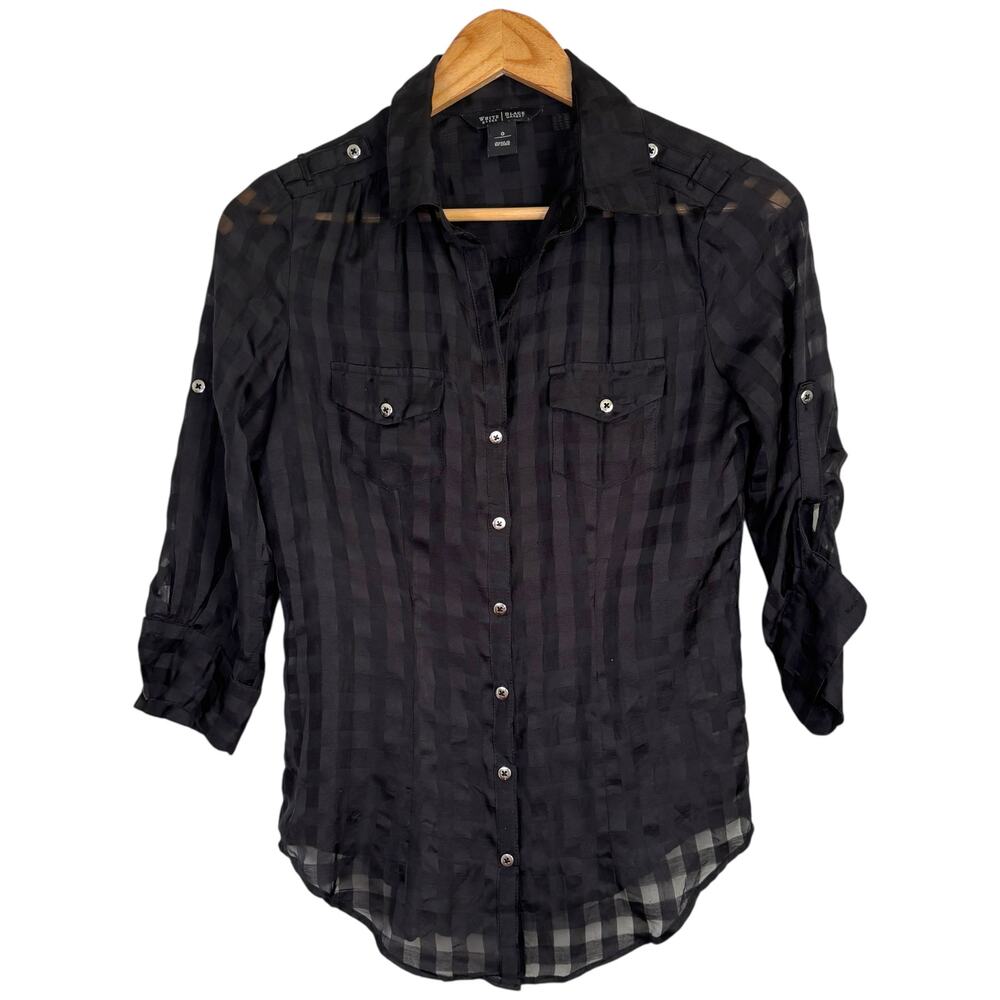 White House Black Market 0 Sheer Check Blouse Black Relaxed